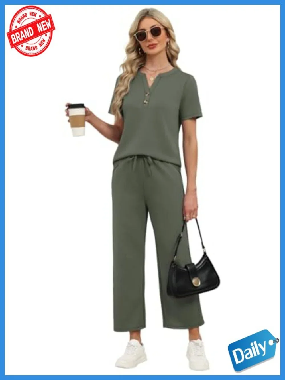 Women's 2-Piece Pant Set Wide Leg Crop Pants V-Neck Short Sleeve Vacation Outfit